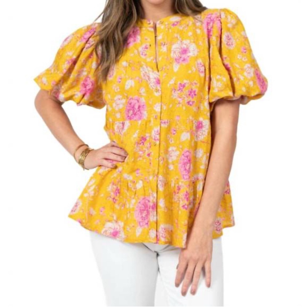 ivy jane Yellow Floral Puff Sleeve Blouse with Pink Accents